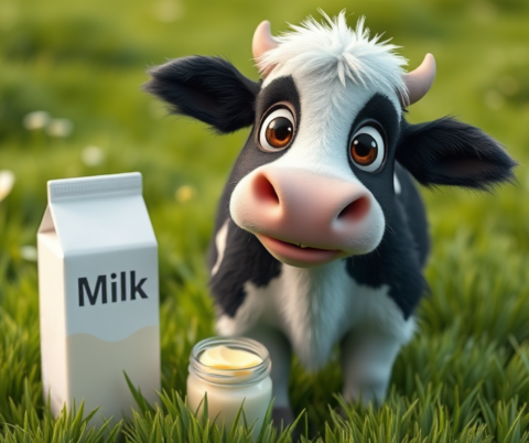 AI generated image of a serene countryside setting with a contented black and white cow standing in a lush green meadow. Beside the cow, there is a carton of fresh milk with the word milk written on it and a small glass jar of creamy homemade whipped butter.