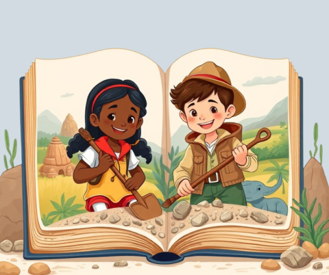 AI illustration of An african american girl and a hispanic boy eagerly digging for fossils inside a giant open book. The book's pages are filled with vibrant, colorful illustrations of ancient landscapes and prehistoric creatures. The children, dressed in explorer outfits, are using small shovels and brushes to carefully uncover fossils embedded in the pages. The children are smiling and are about 9 or 10 years old.