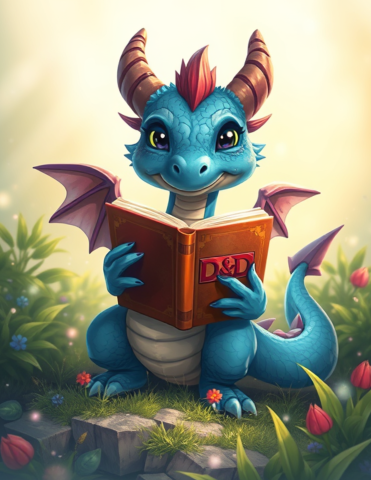 Illustration of a cute blue dragon holding a D&D  book, ai generated