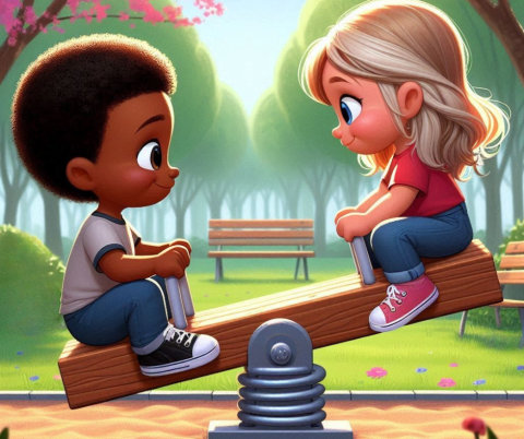 A 4-year-old African American boy and a 4-year-old girl with blonde hair on opposite sides of a seesaw in a springtime park. The boys side is touching the ground while the girl's side is up in the air. Both kids are wearing t-shirts, jeans, and tennis shoes. Pixar style illustration AI generated.