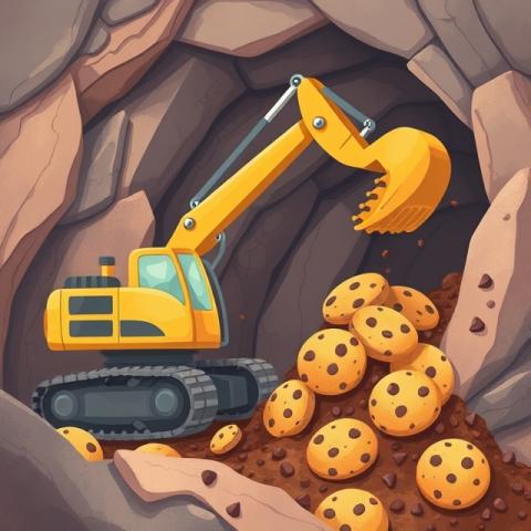 AI illustration of an excavator digging up chocolate chip cookies in a mine. 