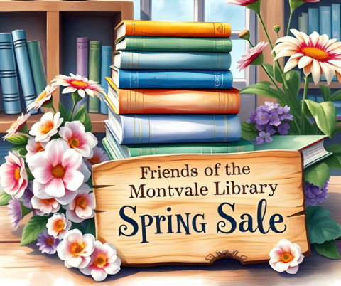 Watercolor painting of a stack of beautiful books on a wooden table surrounded by flowers and a wood sign that reads "Friends of the Montvale Library Spring Book Sale".  AI generated.