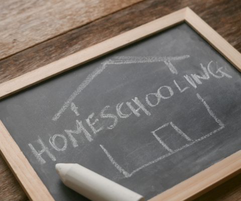 Chalkboard and chalk with a house and the word homeschooling written on it.