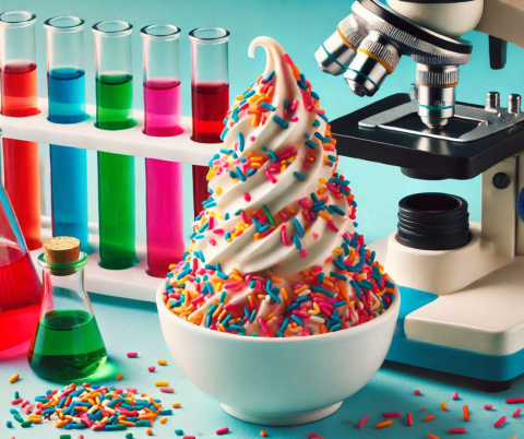 AI generated image of a bowl of ice cream covered in sprinkles with test tubes and a microscope in the background.