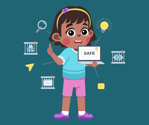 Illustration of a child holding a laptop with the word safe on it.