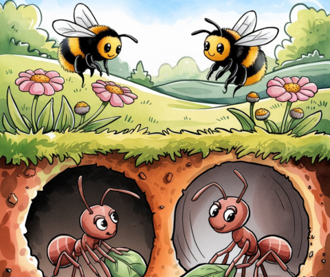 Watercolor illustration of two cute ants tunneling underground, and two cute bumblebees buzzing around flowers above ground.  AI generated.