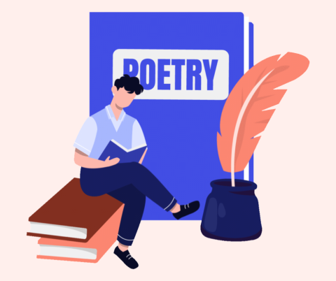 Illustration of a man Reading a Book on Poetry while sitting on a stack of books.  There is also an inkwell and a feather pen and a large book of poetry in the background.