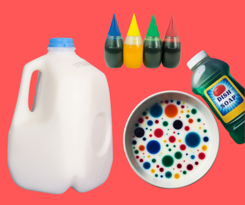 Supplies for marbled milk painting collage.