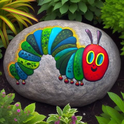 AI high resolution photo of a rock painted to look like the Eric Carle's very hungry caterpillar lying in a garden bed.