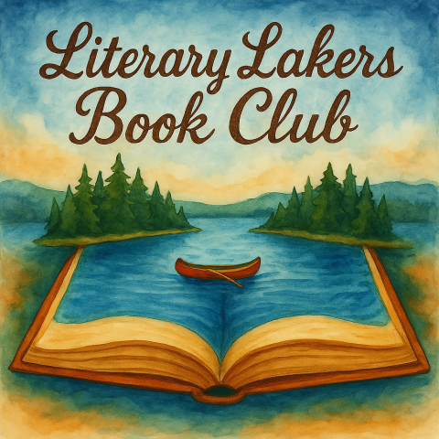 A beautiful lake in the middle of the pages of a book with a canoe in the middle of the lake. The words Literary Lakers Book Club are written in script in the sky above the book.