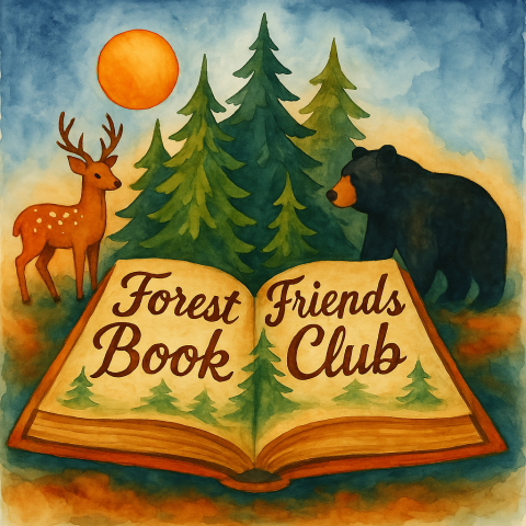 Bold watercolor painting of an open book with evergreen trees growing out of the pages and a black bear on the right and a deer on the left and an afternoon sun in the blue sky above.