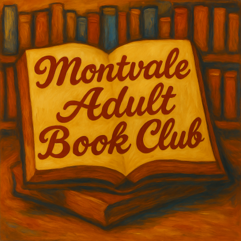 Bold oil painting of an open book with the words Montvale Adult Book Club written on the pages.  AI