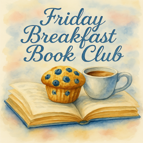Beautiful watercolor painting of an open book with a blueberry muffin and a cup of coffee coming out of the middle of the pages with the words Friday Breakfast Book Club in pretty script font above it.  AI generated.