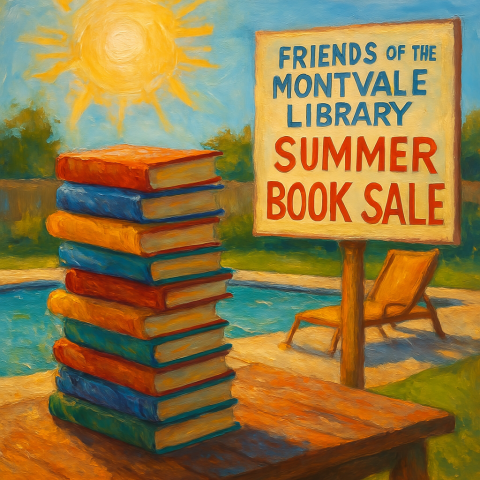 Detailed painting of a pile of brightly colored books on a table beside a pool and a deck chair and a sign that reads Friends of the Montvale Library Summer Book Sale in bold letters. The sun is shining brightly in the sky.