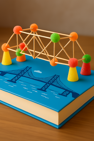 Photorealistic image of a bridge made out of toothpicks and gumdrops standing on top of a pretty book.