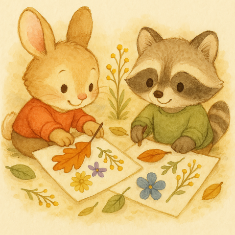 Illustration of young Forest animals making pictures with leaves and flowers.