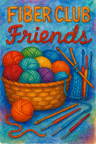 Bold watercolor painting of a basket of yarn, a set of knitting and a set of crotchet needles with the words Fiber Club Friends written out in yarn above it.