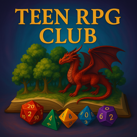 Square 3D movie image of a fantasy book open with a Forest of Trees and a cave with a dragon coming up from the pages. There should be a set of bright, colorful D&D dice. In fantasy styled text above there should be the words TEEN RPG CLUB. The background should be a swirl gradient of blues and purples.