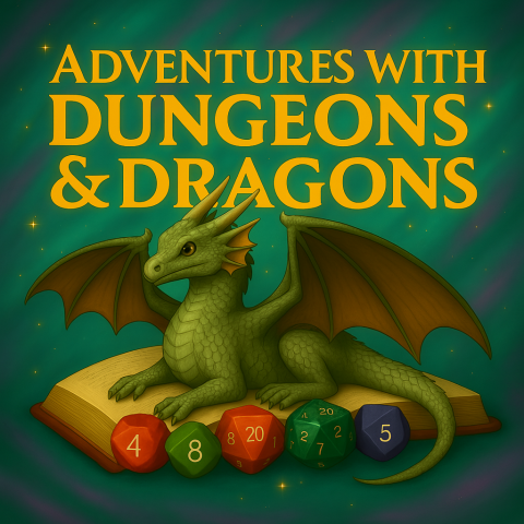 Fantasy painting. Square bright teal and purple swirling background with sparkles. An open book with a dragon laying across the pages. Dungeons and dragons dice with clearly legible numbers on them. Glowing gold words at the top that read Adventures with Dungeons & Dragons in a fantasy style script.