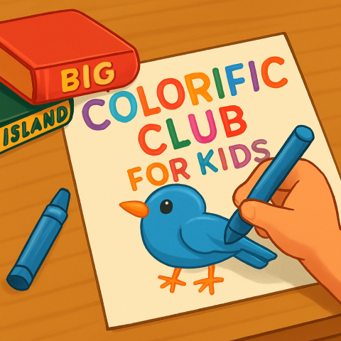 Cute Disney style cartoon of a child's hand drawing a blue bird on a white peice of paper on a table. The words COLORIFIC CLUB for KIDS are written in crayon above the bird. There are two brightly colored books laying down on the table. The spine of one book has the word BIG on it. The other book has ISLAND on it.