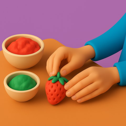 3D cartoon pair of young hands molding playdough into a strawberry on a table next to a bowl of the same colored playdough.