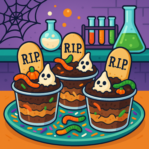 Cartoon illustration of a dirt cup graveyard dessert with gummy worms with a spooky science lab background.