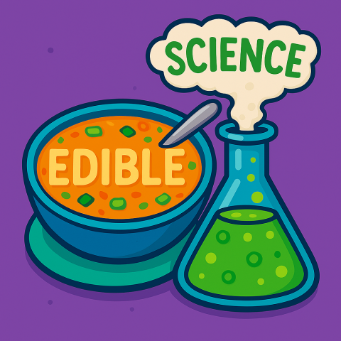 cartoon image of a bowl of Alphabet Vegetable soup with the word EDIBLE spelled out in the pasta noodles in the middle of the soup in the bowl. Next to that should be a beaker of bubbling liquid with the word SCIENCE written in the smoke above it.