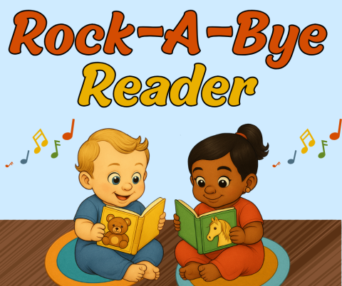 Cute illustration of two babies holding books with the words Rock-A-Bye Reader above them.