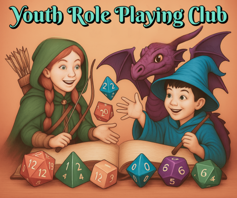 Square 3D movie image of an 11 year old girl with red hair dressed as a D&D Ranger and a 10 year old Asian boy dressed as a D&D wizard throwing D&D dice inside the pages of an open book with a friendly looking dragon looking on in the background. The words Youth Role Playing Club are written above. The background should be in shades of yellow, orange, and red.