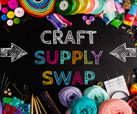 Collage of crafting supplies around the words Craft Supply Swap and arrows.