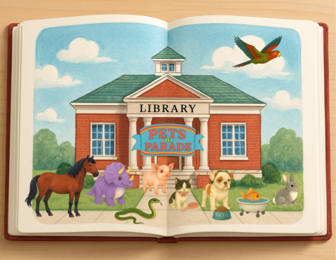 Pets on Parade in front of a library.