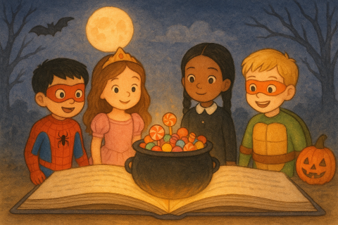 Spooky Halloween scene (but not scary) of an open book with a cauldron filled with candy in the middle. On the left of the cauldron is a 7 year old Asian boy in a Spiderman costume and a 9 year old girl with brown hair in a princess costume. On the right of the cauldron is a 11 year old African American girl dressed as Wednesday Adams and an 8 year old blonde boy dressed as a teenage mutant ninja turtle. The whole scene should be in an illustrated children's book style.