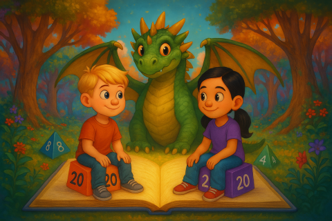 Wide landscape Pixar Style image of a 9 year old blonde boy and an 11 year old Asian girl sitting on Dungeons and dragons dice in the middle of a glowing book laid open in a brightly colored Fantasy Forest with a dragon.  AI