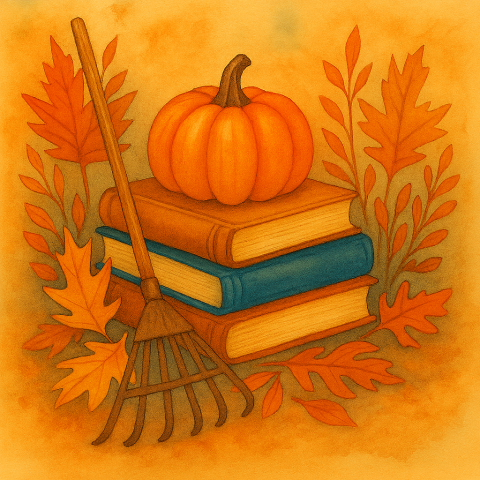 AI watercolor of a pumpkin sitting on top of three books surrounded by leaves and a rake.