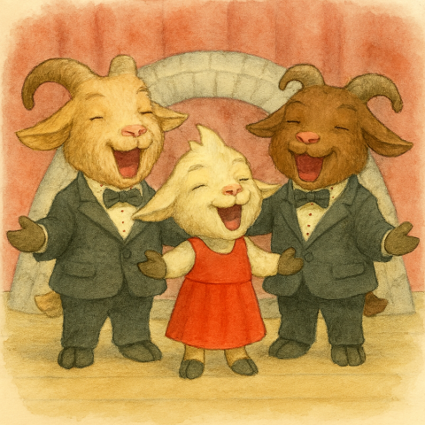 Ai illustration of the 3 Billy Goats Gruff as Opera Singers