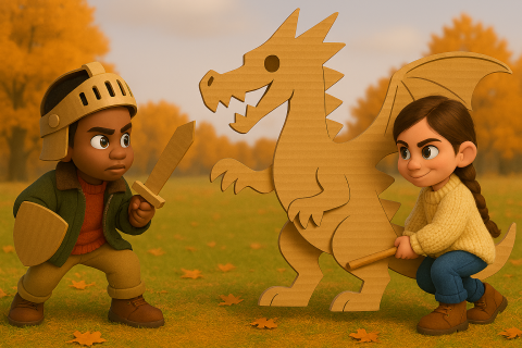 Wide landscape 3D pixar style movie image of a 7 year old African American boy wearing a helmet made out of cardboard and holding a cardboard sheild and sword facing off against a 7 year old girl with brown hair in a braid holding full-size dragon made out of cardboard.