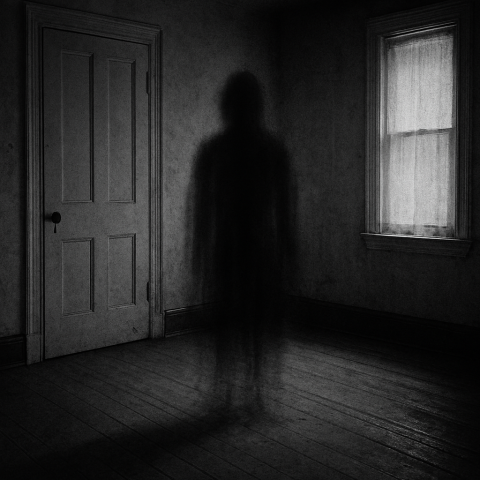 Black and white photo showing a ghostly spirit shadow in a room.  AI