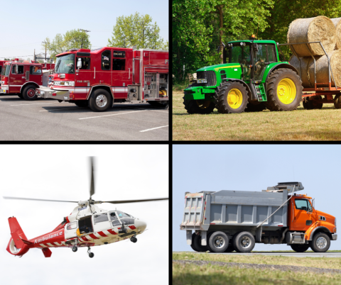 Collage of photos: Fire Engine, Tractor, Helicopter, Dump Truck