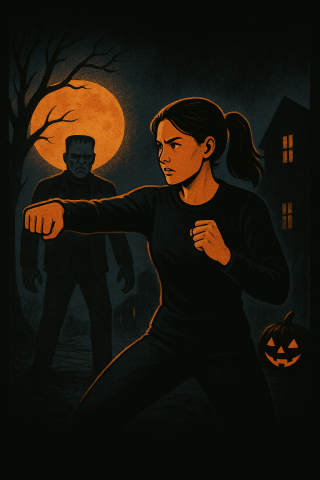 Illustrated image to advertise for a self-defense workshop for adults teaching techniques to stay safe around Halloween.