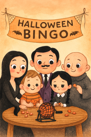 AI illustration of the Adams Family at a Halloween BINGO Event