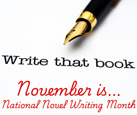 Ink pen with words under that say "Write that book" and "November is...National Novel Writing Month"