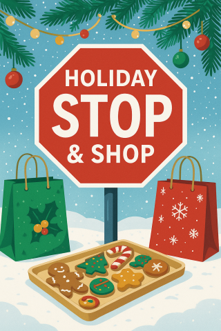 Vector image of a stop sign-shaped sign with the words "Holiday Stop & Shop" written on it, with Christmas gift bags around it and a tray of Christmas cookies.