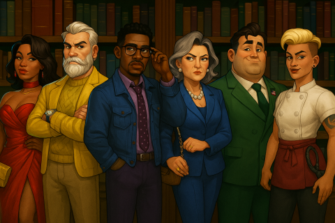 Clue characters standing in front of a bookshelf.