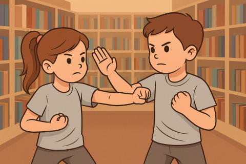 Vector art of a 8 year old girl and a 9 year old boy practicing self-defense techniques in a library - AI.