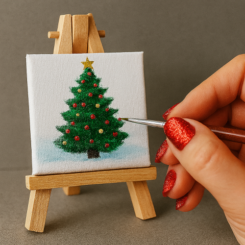 Square, photorealistic image of a hand painting a Christmas tree on a miniature square canvas set on an easel.