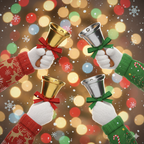 Square pixar style illustration of hands wearing white gloves and Christmas Sweaters ringing Christmas Handbells with a Christmas bokeh background.