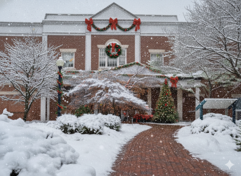 Winterized photo of the Bedford Library from the perspective of the Wharton Garden at Christmas.