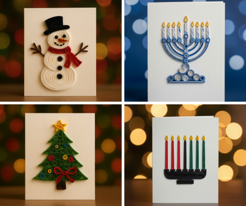 Collage of 4 holiday cards with quilled designs on the front: a snowman, a menorah, a Christmas tree, and a Kwanza Kinara.