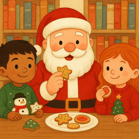 Cute children's book-style illustration of a young Hispanic boy and a red haired girl wearing Christmas sweaters and sitting at a table eating Christmas cookies with Santa Claus sitting in between them.