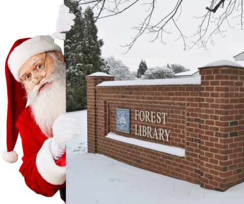 Image of Santa holding a photo of the Sign for the Forest Library.